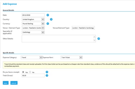 Selenity add expense screen - train example
