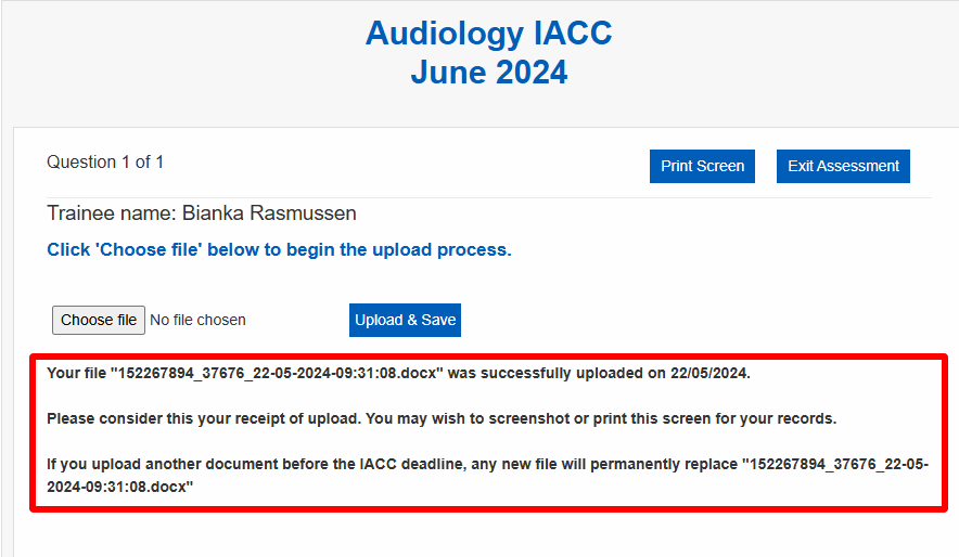 Screenshot of the upload receipt message in eNetAssess
